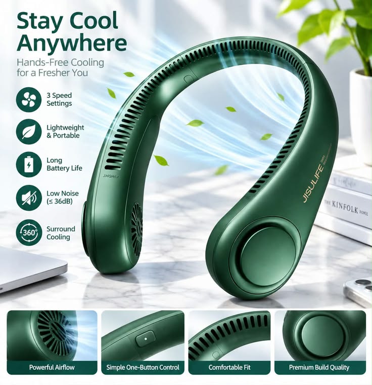 Portable Neck Fan – Hands-Free 360° Airflow | 3-Speed Wearable Personal Fan